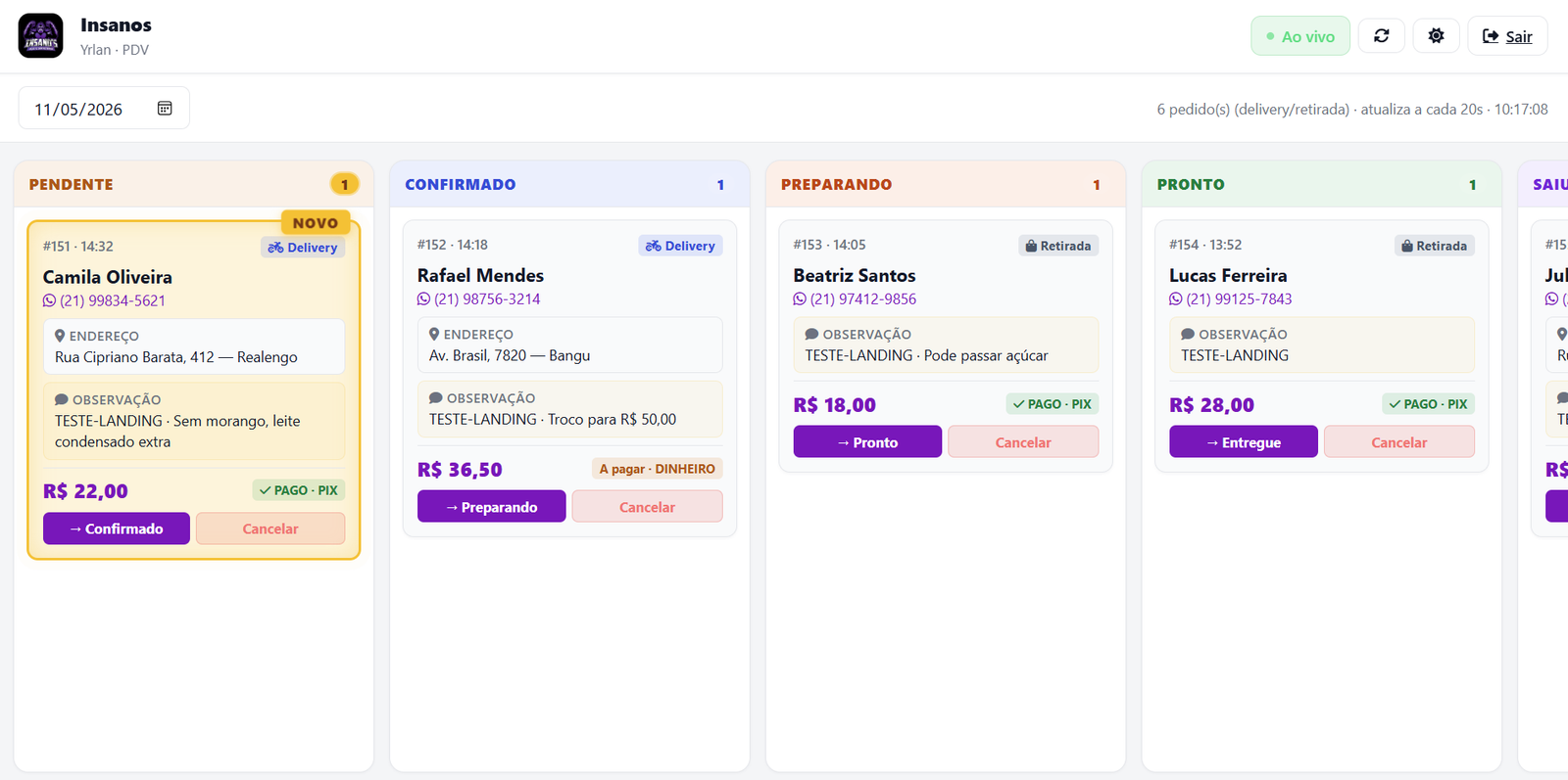 PDV com pedidos em tempo real